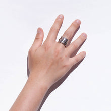 Load image into Gallery viewer, Oxidized silver large feather ring with logo