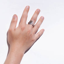 Load image into Gallery viewer, Oxidized silver large feather ring with logo
