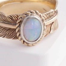 Load image into Gallery viewer, Gold large infinity feather ring with Ethiopian opal