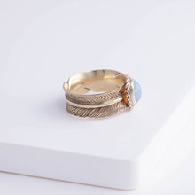 Load image into Gallery viewer, Gold large infinity feather ring with Ethiopian opal