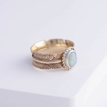 Load image into Gallery viewer, Gold large infinity feather ring with Ethiopian opal