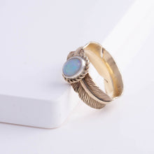 Load image into Gallery viewer, Gold large infinity feather ring with Ethiopian opal
