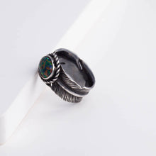 Load image into Gallery viewer, Oxidized silver large infinity feather ring with Kyocera opal