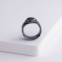 Load image into Gallery viewer, Oxidized silver large infinity feather ring with Kyocera opal