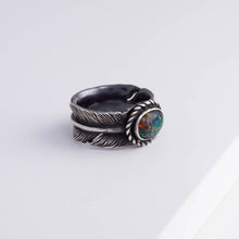 Load image into Gallery viewer, Oxidized silver large infinity feather ring with Kyocera opal