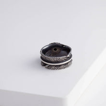 Load image into Gallery viewer, Oxidized silver large infinity feather ring with Kyocera opal