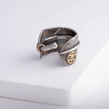 Load image into Gallery viewer, Oxidized silver large feather ring with logo