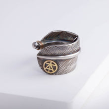 Load image into Gallery viewer, Oxidized silver large feather ring with logo