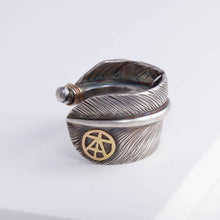 Load image into Gallery viewer, Oxidized silver large feather ring with logo