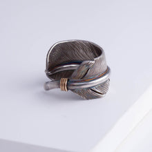 Load image into Gallery viewer, Oxidized silver large feather ring with logo