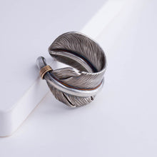 Load image into Gallery viewer, Oxidized silver large feather ring with logo