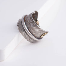 Load image into Gallery viewer, Oxidized silver large feather ring with logo