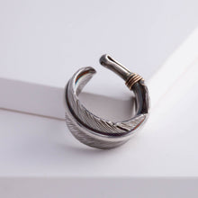 Load image into Gallery viewer, Oxidized silver large feather ring with logo