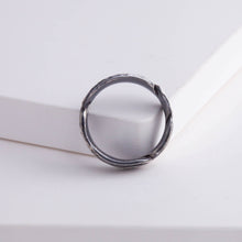Load image into Gallery viewer, Oxidized silver infinity feather ring