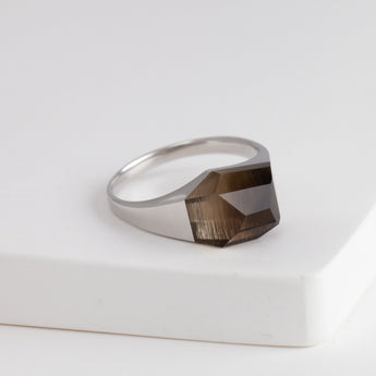 Mini rock crystal smoky quartz ring - silver