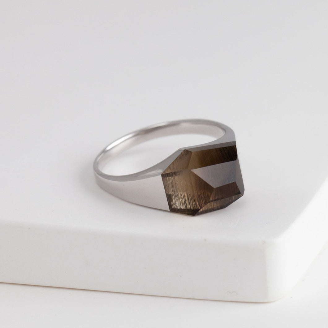 Mini rock crystal smoky quartz ring - silver