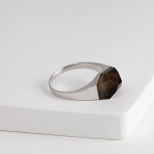 Mini rock crystal smoky quartz ring - silver