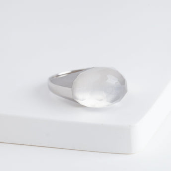 Mini rock faceted round milky quartz ring - silver