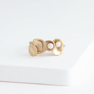 Gold petal four petal ring with pearls