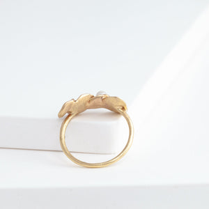 Gold petal four petal ring with pearls