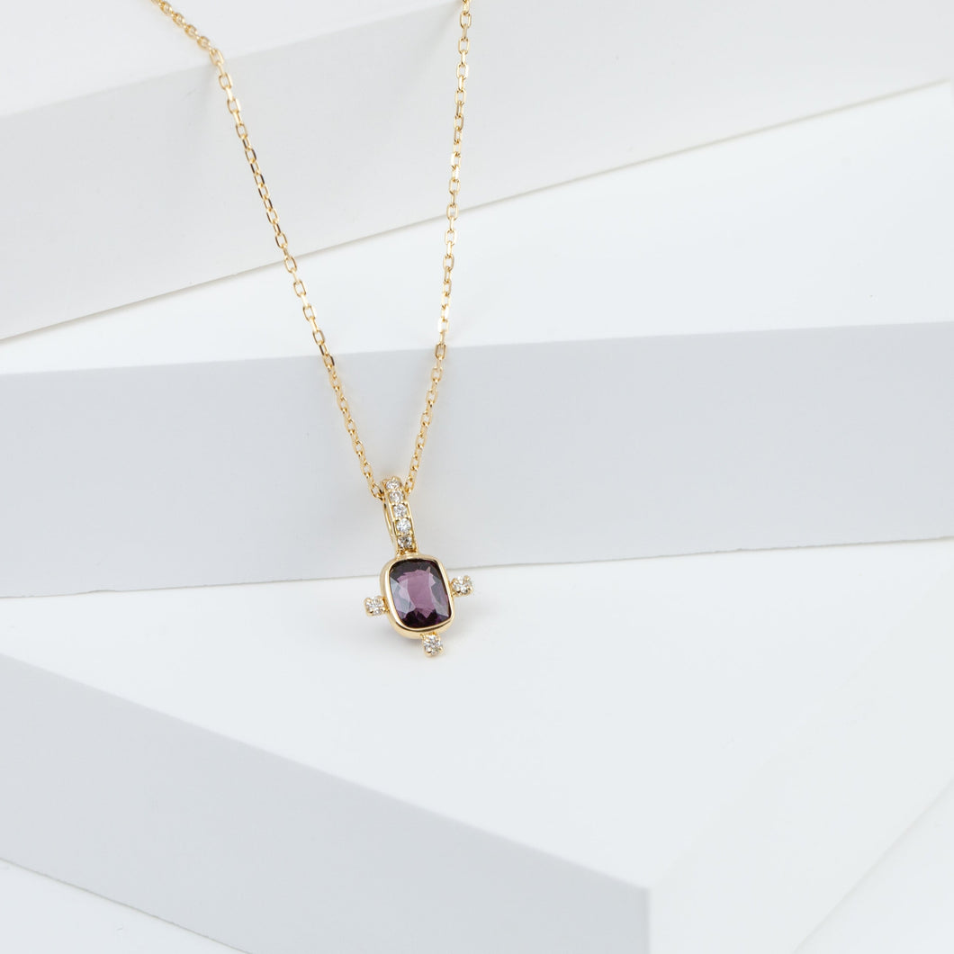 Tiny burgundy rectangular spinel and diamond necklace (with diamond bail)