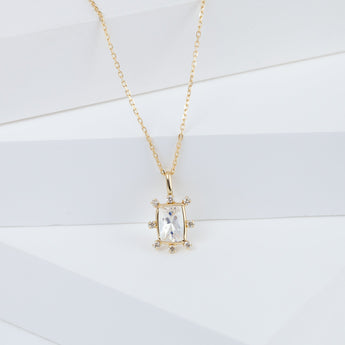 Tiny rectangular rainbow moonstone and diamond necklace