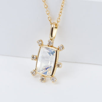 Tiny rectangular rainbow moonstone and diamond necklace
