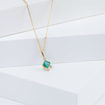Tiny square emerald and diamond necklace
