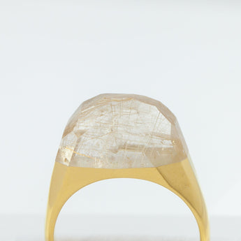 Mini rock faceted round rutilated quartz ring