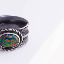 Load image into Gallery viewer, Oxidized silver large infinity feather ring with Kyocera opal
