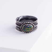 Load image into Gallery viewer, Oxidized silver large infinity feather ring with Kyocera opal
