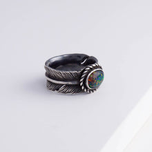 Load image into Gallery viewer, Oxidized silver large infinity feather ring with Kyocera opal
