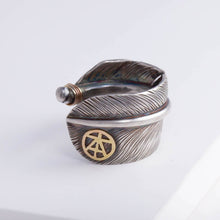 Load image into Gallery viewer, Oxidized silver large feather ring with logo
