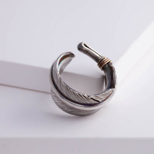 Oxidized silver large feather ring with logo