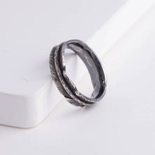 Load image into Gallery viewer, Oxidized silver infinity feather ring
