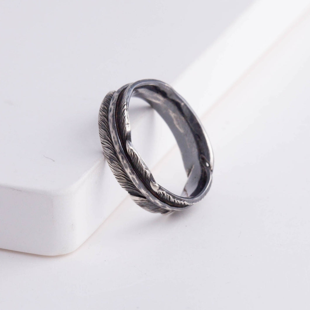 Oxidized silver infinity feather ring