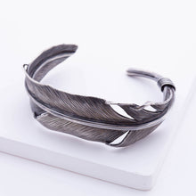 Load image into Gallery viewer, Oxidized silver feather cuff bracelet
