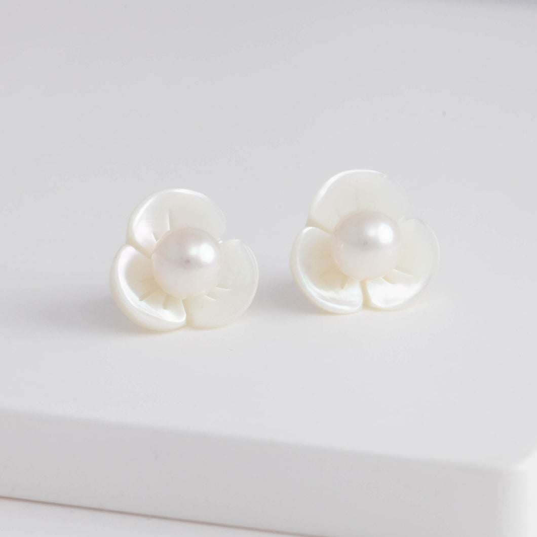 Plum flower akoya pearl earrings