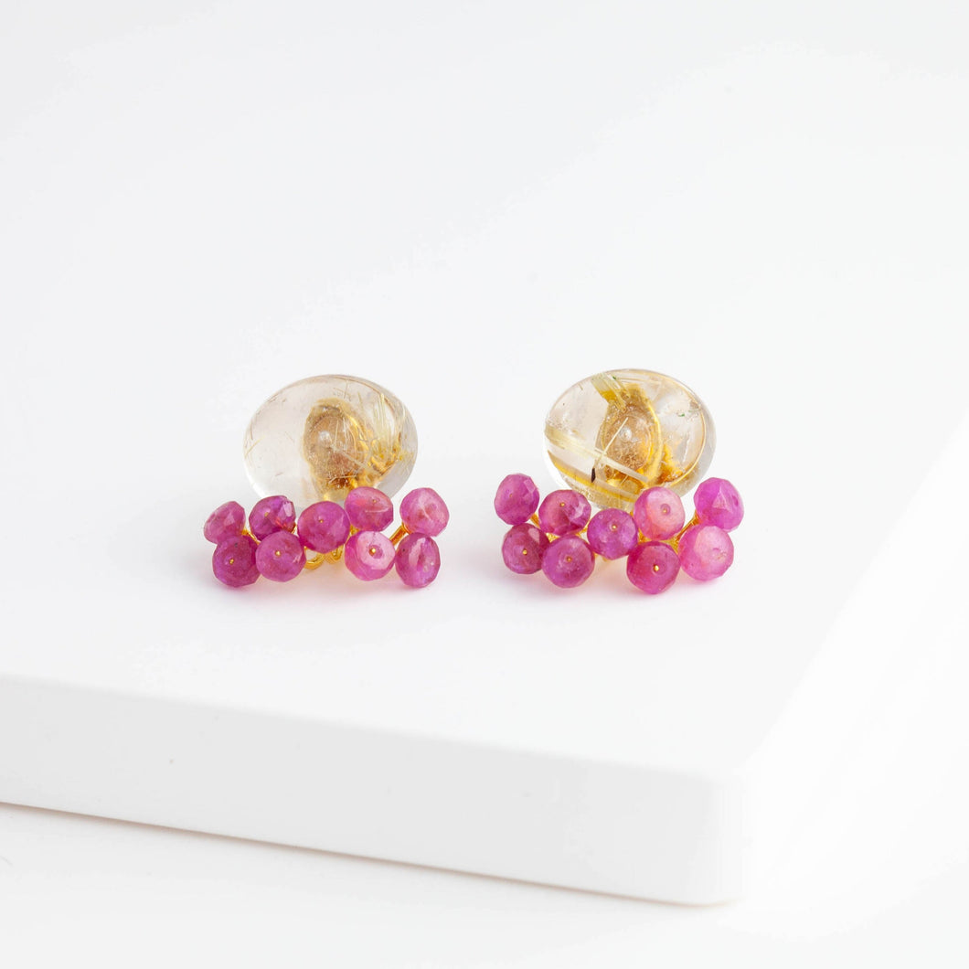 Fairy oval rutilated quartz and ruby earrings